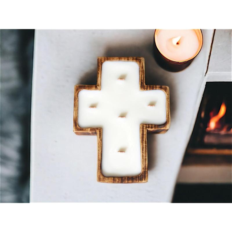 Cross Candle | Organic Soy Wax Dough Bowl Candle with Crackling Wood Wick, Modern Farmhouse Décor