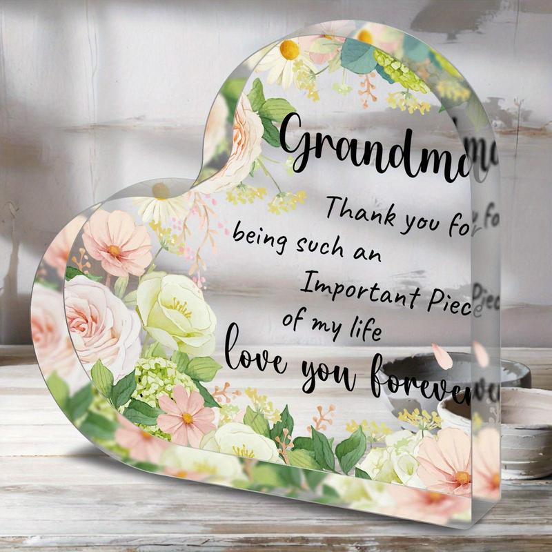 Flower Pattern Acrylic Heart Shaped Ornament, Grandma Gift, Thank You Gift for Grandma, Desk Signs Ornaments for Table Tops