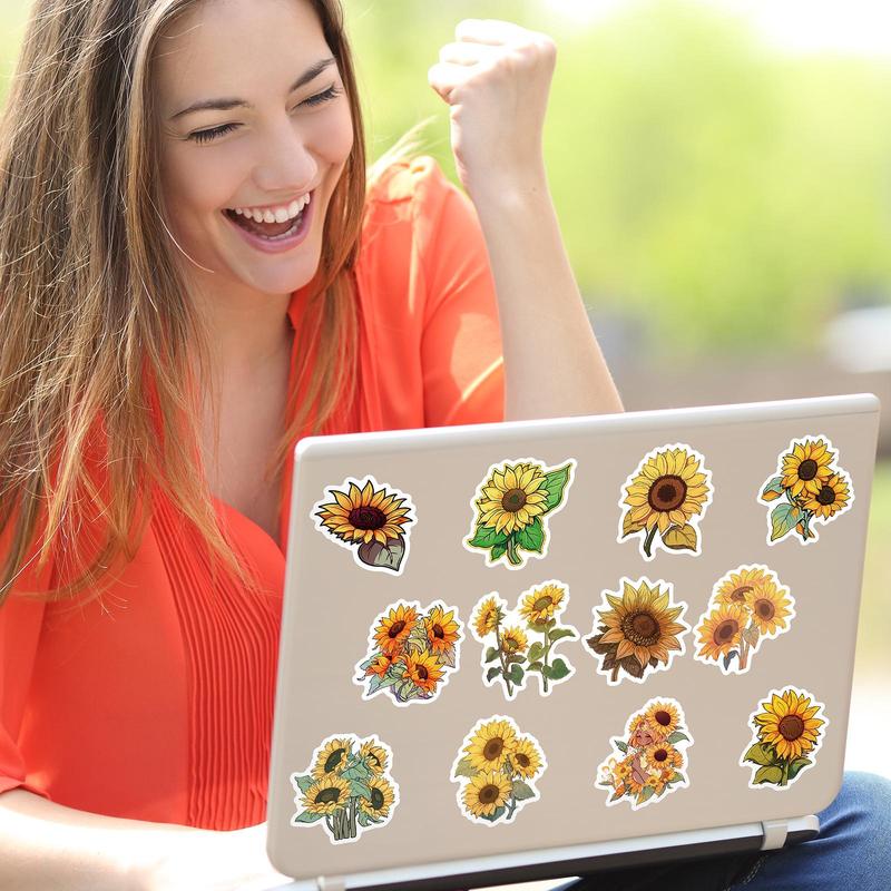 50pcs Sunflower Pattern Sticker, Self-adhesive Decorative Stickers, Diy Decals for Water Bottle, Laptop, Phone Case, Scrapbooking, Journal Making