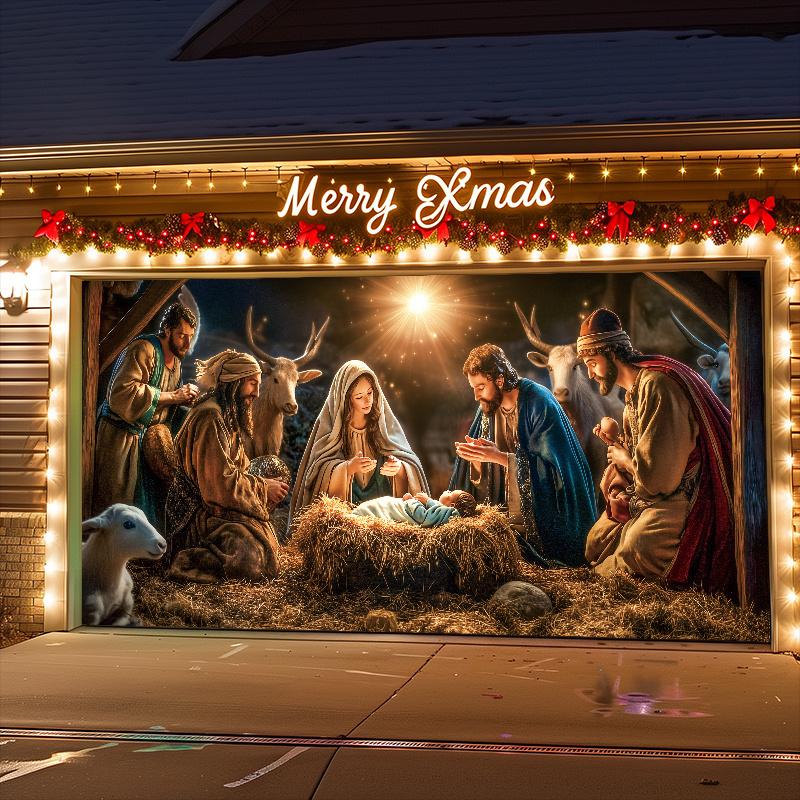 Religious figure' Birth Nativity Scene Garage Door Banner - 6x13ft Large Polyester Tapestry, Outdoor Holiday season Decor with Mary & Joseph, Perfect for Holiday & Party Atmosphere