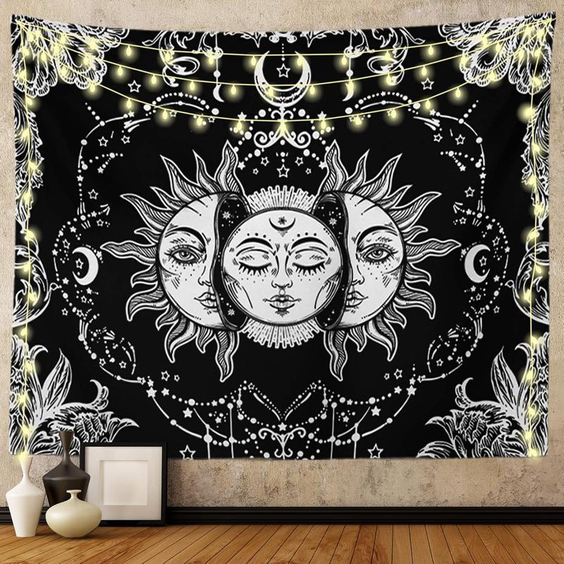 Sun and Moon Tapestry, Black and White Tapestries Mystic  Sun with Star Wall Hanging decor for Bedroom (59