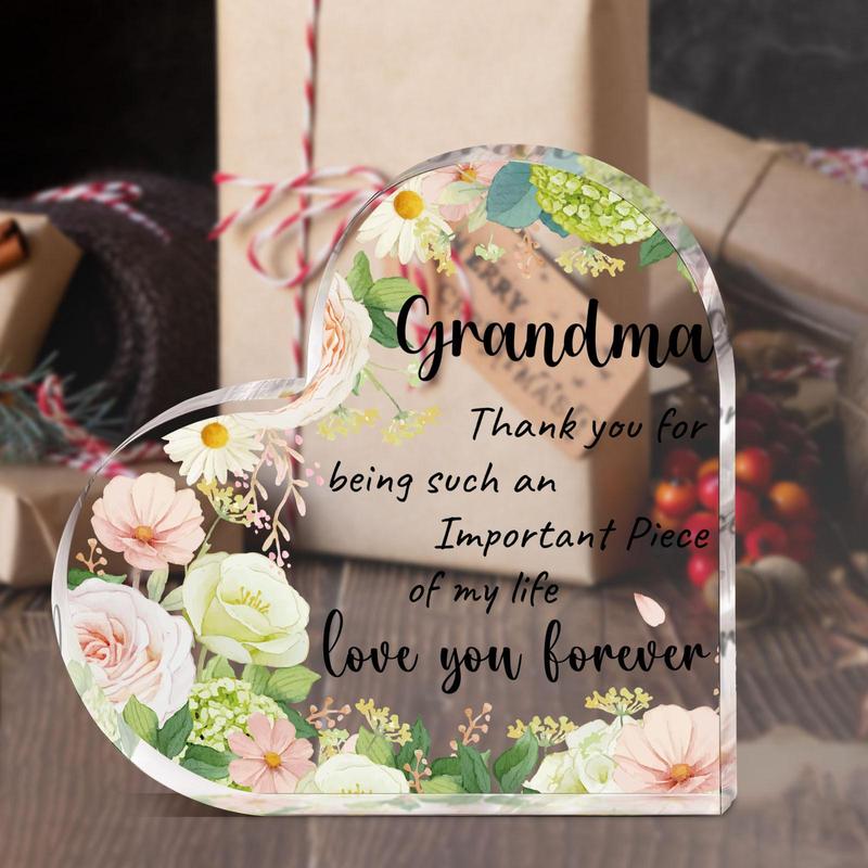 Flower Pattern Acrylic Heart Shaped Ornament, Grandma Gift, Thank You Gift for Grandma, Desk Signs Ornaments for Table Tops