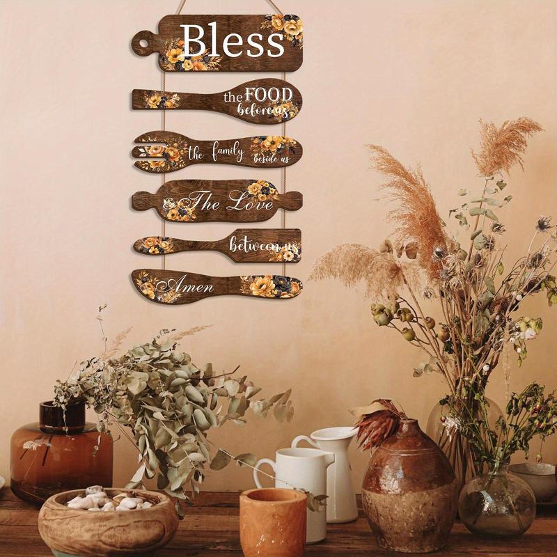 Wooden Bless The Food Before Us Sign, 1 Set Farmhouse Kitchen Wall Decor, Vintage Art Wooden Rustic Retro Kitchen Hanging Wood Sign