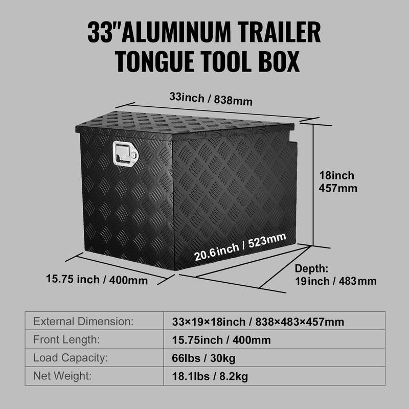 VEVOR Trailer Tongue Box, Aluminum Alloy Diamond Plate Tongue Box Tool Chest, Heavy Duty Trailer Box Storage with Lock and Keys, Utility Trailer Tongue Box for Pickup Truck, RV, Trailer, 33