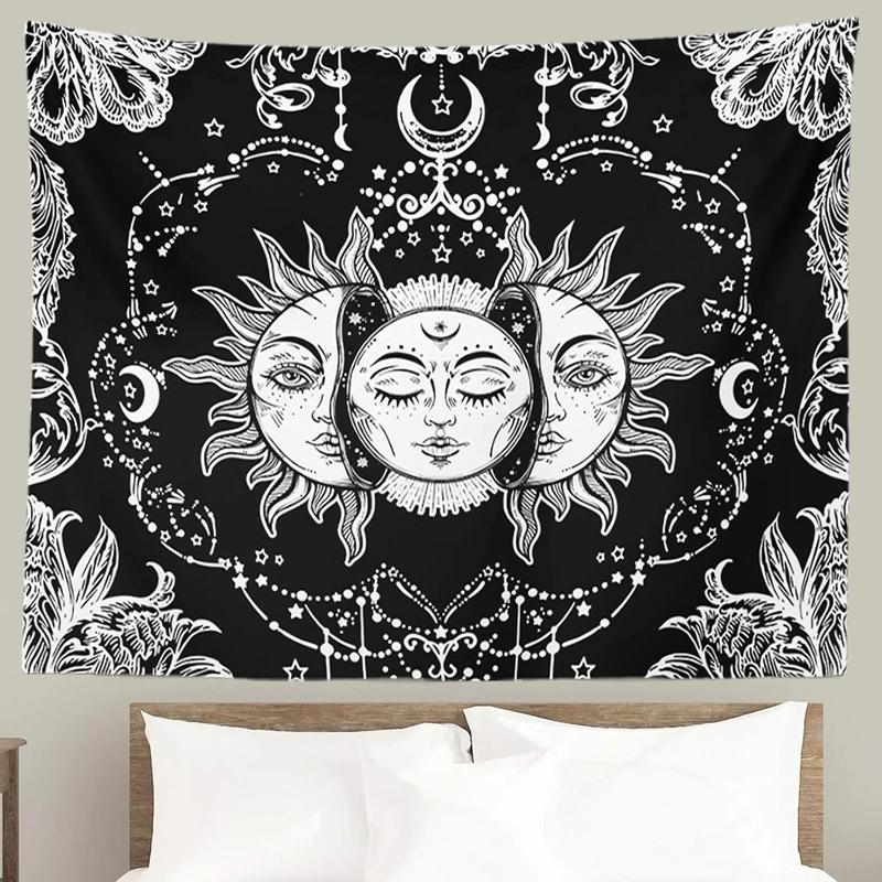 Sun and Moon Tapestry, Black and White Tapestries Mystic  Sun with Star Wall Hanging decor for Bedroom (59