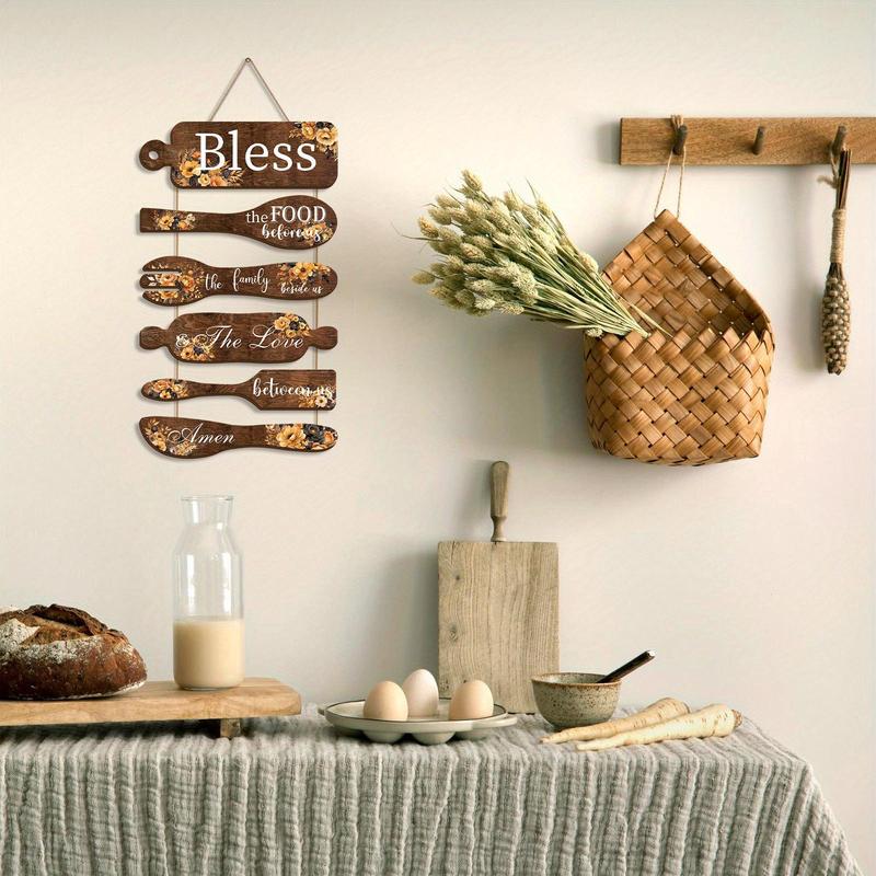 Wooden Bless The Food Before Us Sign, 1 Set Farmhouse Kitchen Wall Decor, Vintage Art Wooden Rustic Retro Kitchen Hanging Wood Sign