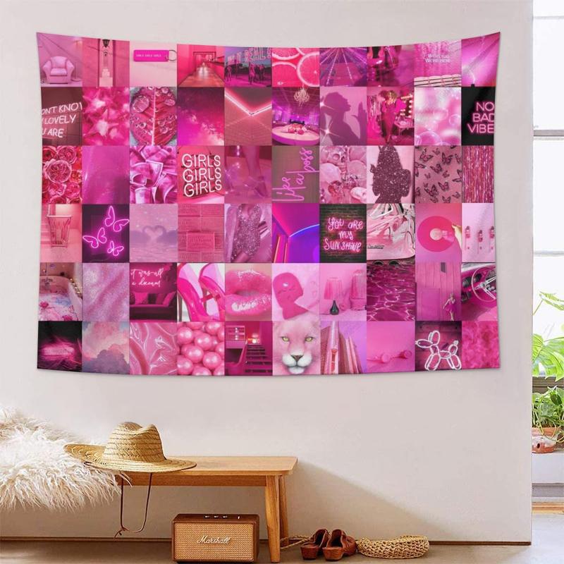 Fashion Pink Collage Tapestry Aesthetic Wall Hanging Tapestries Cute Preppy Banner For Teen Girl Bedroom College Dorm Home Living Room Party Decor 30X40 In