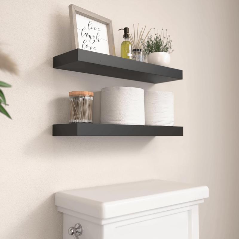 Black Floating Shelves Set of 2, Wall Mounted Small Shelves for Room, Modern Hanging Shelves for Wall Decor, Display Wall Storage Shelves for Living Room, Bedroom, Bathroom, Kitchen - Black