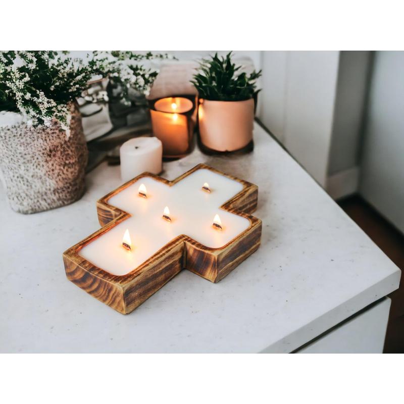 Cross Candle | Organic Soy Wax Dough Bowl Candle with Crackling Wood Wick, Modern Farmhouse Décor