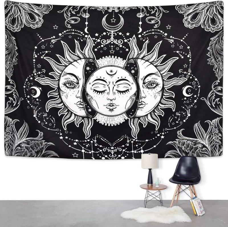 Sun and Moon Tapestry, Black and White Tapestries Mystic  Sun with Star Wall Hanging decor for Bedroom (59