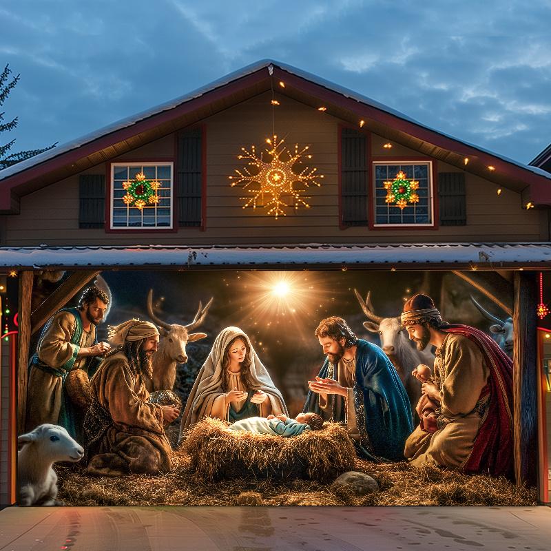 Religious figure' Birth Nativity Scene Garage Door Banner - 6x13ft Large Polyester Tapestry, Outdoor Holiday season Decor with Mary & Joseph, Perfect for Holiday & Party Atmosphere