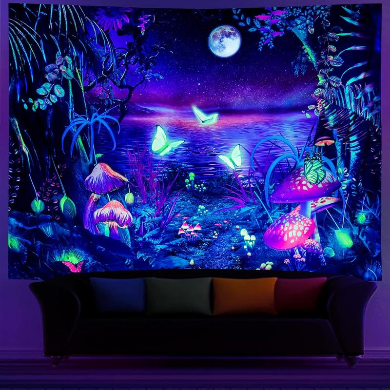 Sinsoledad Fantasy Blacklight Forest Starry Night Tapestry Aesthetic Butterfly Moon Tapestry UV Reactive Mushroom Tapestries Galaxy Space Tapestry Wall Hanging For Bedroom Living Room 59x51 Inches