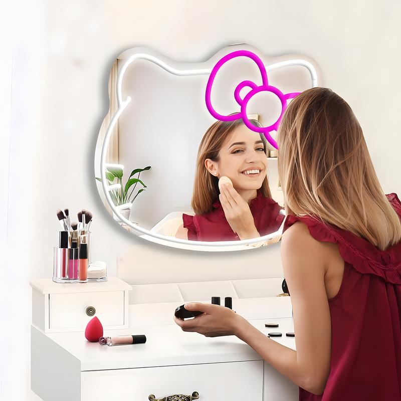 Hello Kit Mirror Vanity, Hello Kit Stuff Room Decor, Neon LED Wall Mirror, Vanity Mirror with Remote for Makeup Mirrors, Bedroom, Teen Girl Children Gift for Birthday Christmas Halloween Thanksgiving