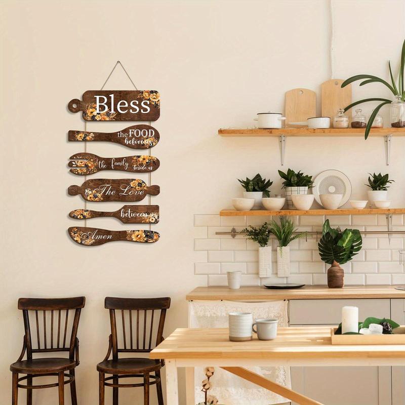 Wooden Bless The Food Before Us Sign, 1 Set Farmhouse Kitchen Wall Decor, Vintage Art Wooden Rustic Retro Kitchen Hanging Wood Sign