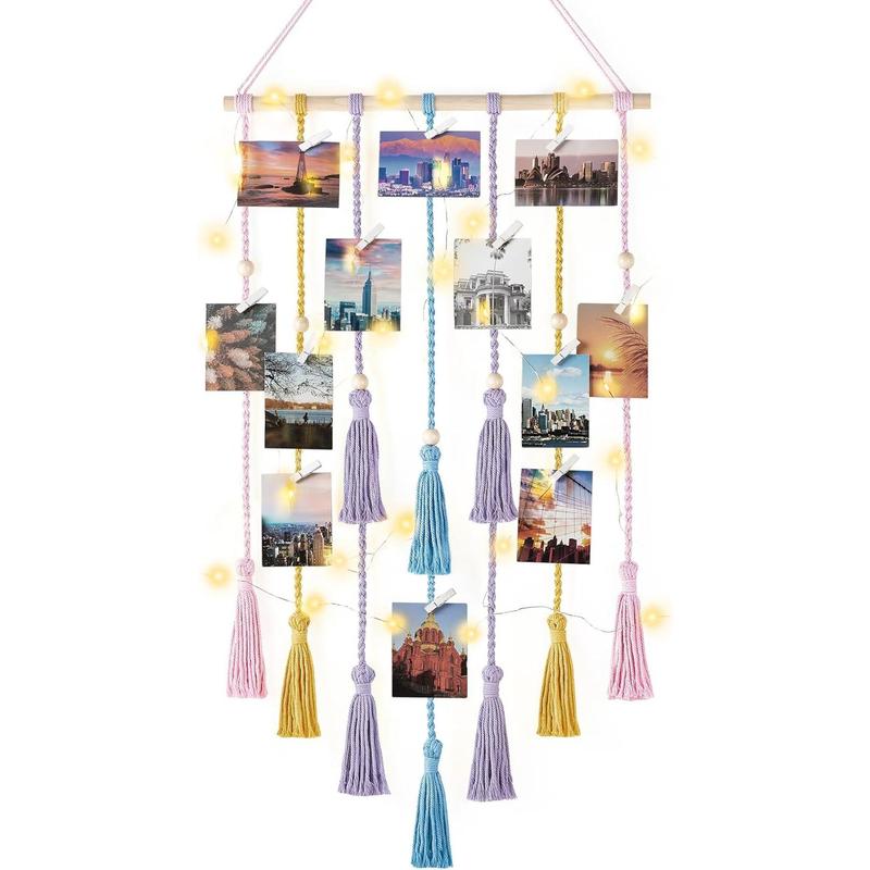 Hanging Photo Display Boho Macrame Wall Decor with Light, Teen Girl Teenage Gifts, Pictures Cards Frame Holder Art Hanger for Birthday Party Room Bedroom Dorm, with 30 Wood Clips, Multi