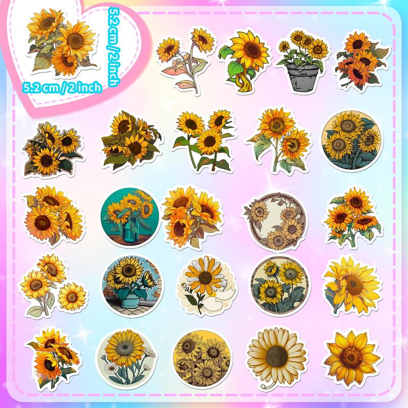 50pcs Sunflower Pattern Sticker, Self-adhesive Decorative Stickers, Diy Decals for Water Bottle, Laptop, Phone Case, Scrapbooking, Journal Making