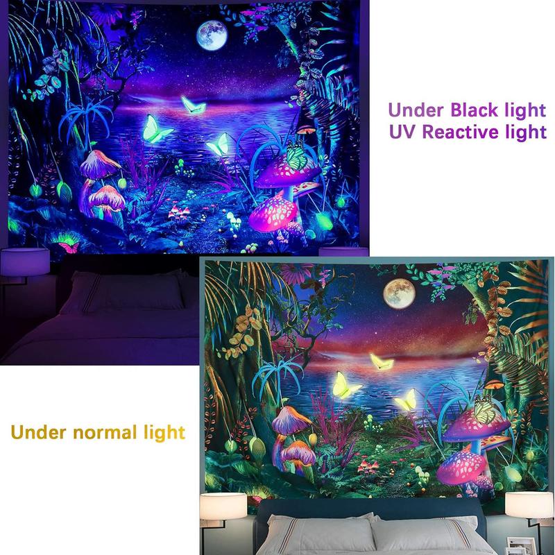 Sinsoledad Fantasy Blacklight Forest Starry Night Tapestry Aesthetic Butterfly Moon Tapestry UV Reactive Mushroom Tapestries Galaxy Space Tapestry Wall Hanging For Bedroom Living Room 59x51 Inches