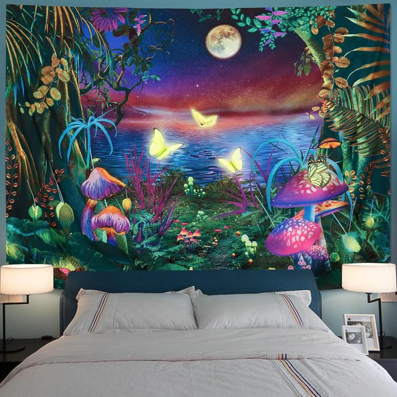 Sinsoledad Fantasy Blacklight Forest Starry Night Tapestry Aesthetic Butterfly Moon Tapestry UV Reactive Mushroom Tapestries Galaxy Space Tapestry Wall Hanging For Bedroom Living Room 59x51 Inches