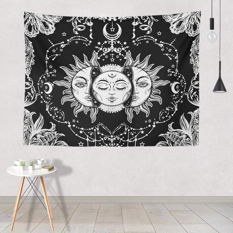 Sun and Moon Tapestry, Black and White Tapestries Mystic  Sun with Star Wall Hanging decor for Bedroom (59