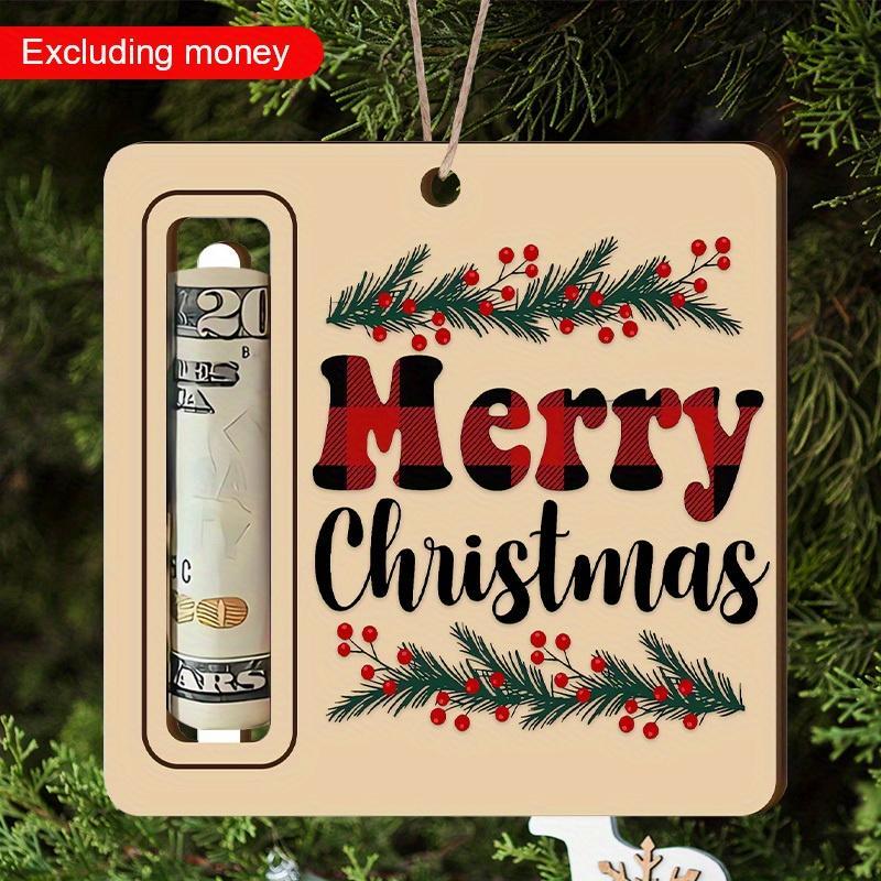 Merry Christmas New Year Money Holder Ornament, 1 Count Letter & Cartoon Pattern Wooden Cash Holder without Cash, Christmas Tree Ornament for Home Office Classroom