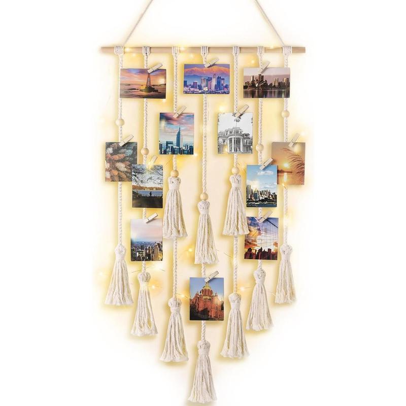 Hanging Photo Display Boho Macrame Wall Decor with Light, Teen Girl Teenage Gifts, Pictures Cards Frame Holder Art Hanger for Birthday Party Room Bedroom Dorm, with 30 Wood Clips, Multi