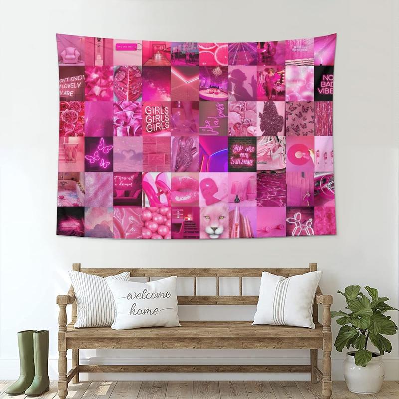 Fashion Pink Collage Tapestry Aesthetic Wall Hanging Tapestries Cute Preppy Banner For Teen Girl Bedroom College Dorm Home Living Room Party Decor 30X40 In