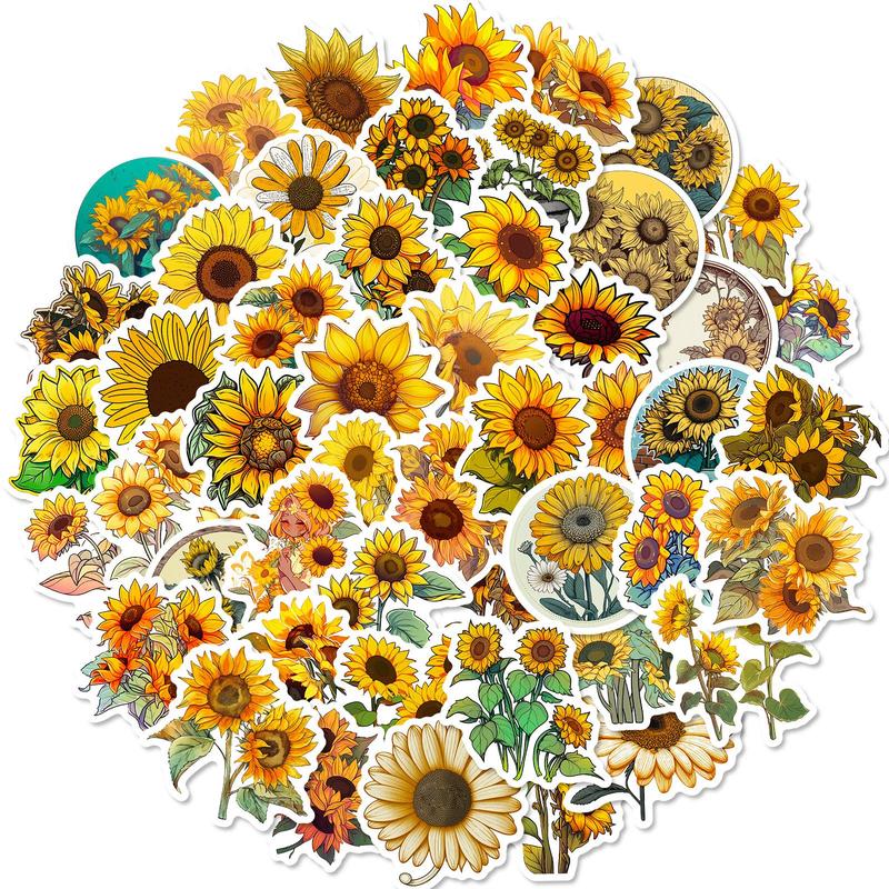 50pcs Sunflower Pattern Sticker, Self-adhesive Decorative Stickers, Diy Decals for Water Bottle, Laptop, Phone Case, Scrapbooking, Journal Making