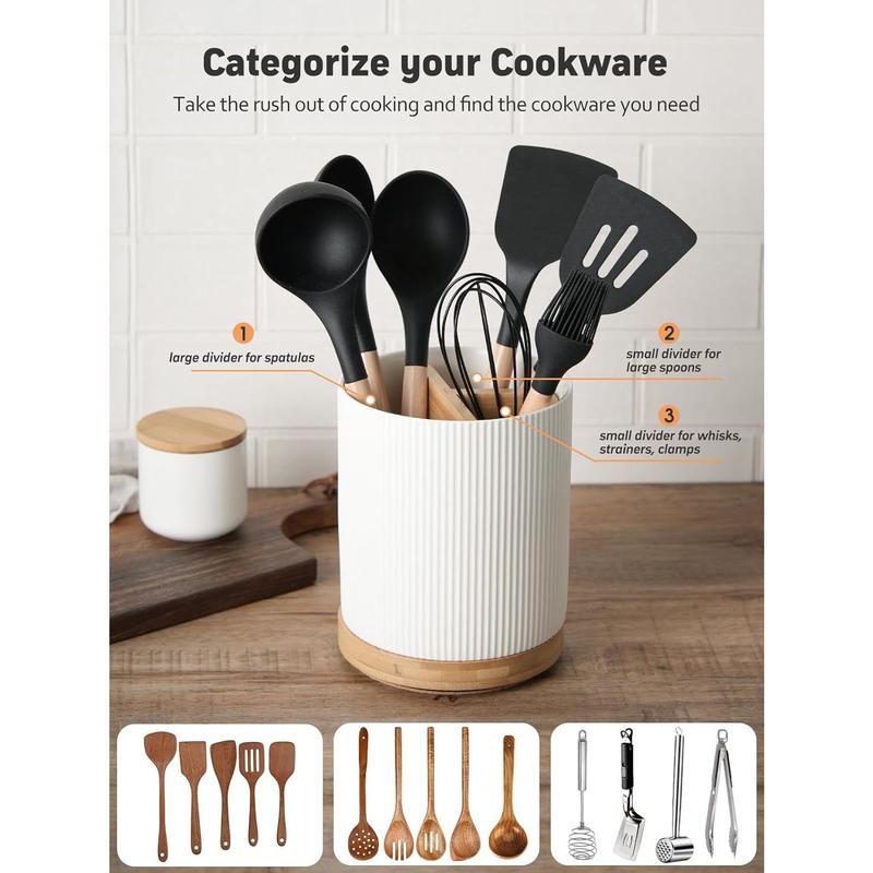 3 Compartment Utensil Holder, 7.2” Extra Large Utensil Crock, Stable Ceramic Utensil Organizer, Cooking Tool Organizer Set for Kitchen Counter Farmhouse Decor (Black (Grossy))