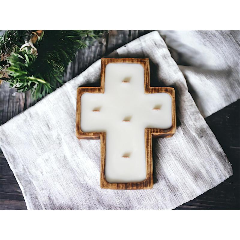 Cross Candle | Organic Soy Wax Dough Bowl Candle with Crackling Wood Wick, Modern Farmhouse Décor