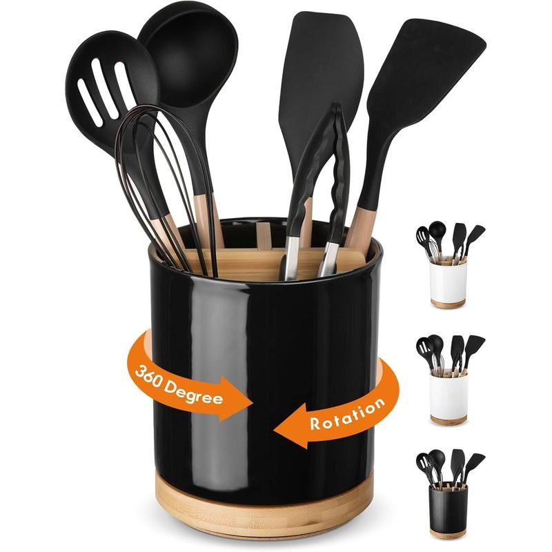 3 Compartment Utensil Holder, 7.2” Extra Large Utensil Crock, Stable Ceramic Utensil Organizer, Cooking Tool Organizer Set for Kitchen Counter Farmhouse Decor (Black (Grossy))