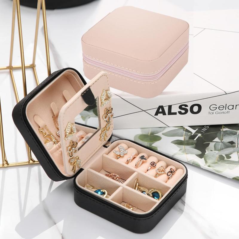 Small Travel Jewelry Box With Mirror, Portable Jewelry organizer Display Storage Box for Earrings Rings Necklaces, Jewelry ase for female  (Black) 1 count