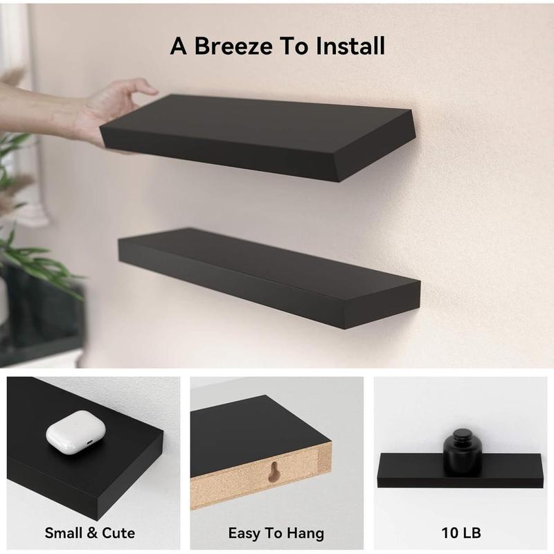 Black Floating Shelves Set of 2, Wall Mounted Small Shelves for Room, Modern Hanging Shelves for Wall Decor, Display Wall Storage Shelves for Living Room, Bedroom, Bathroom, Kitchen - Black