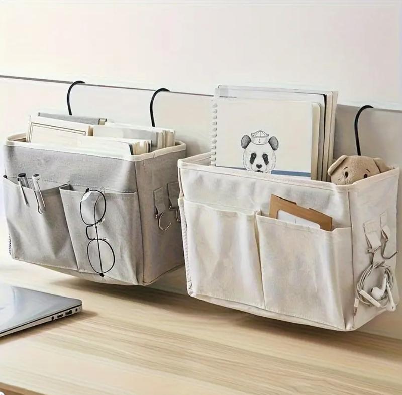 Dormitory Bedside Hanging Storage Bag, Cotton Linen Basket with Pockets, Student Bed Head Organizer,  Dorm Room Essentials