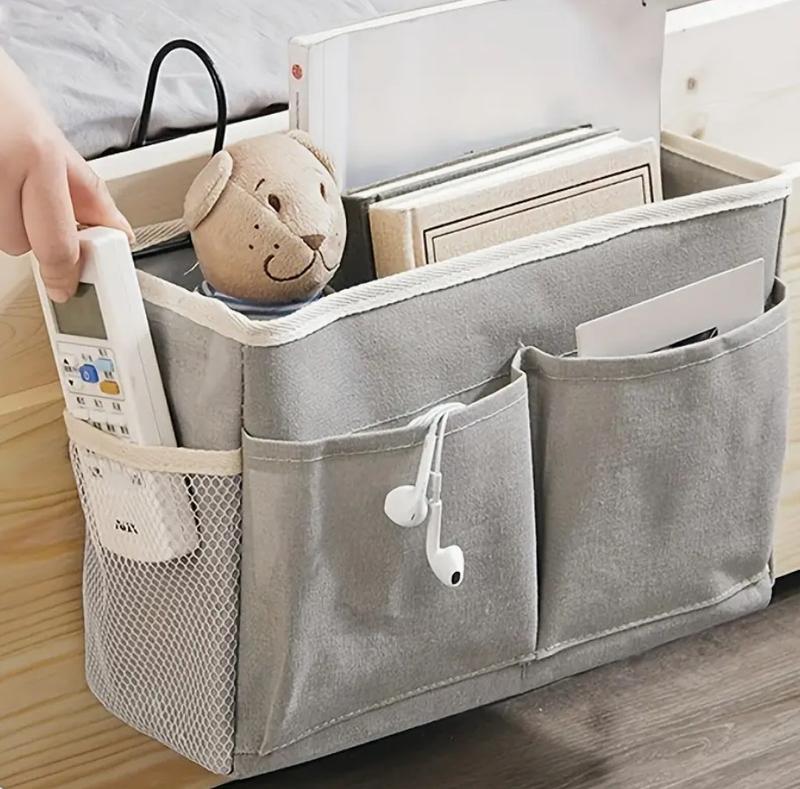 Dormitory Bedside Hanging Storage Bag, Cotton Linen Basket with Pockets, Student Bed Head Organizer,  Dorm Room Essentials