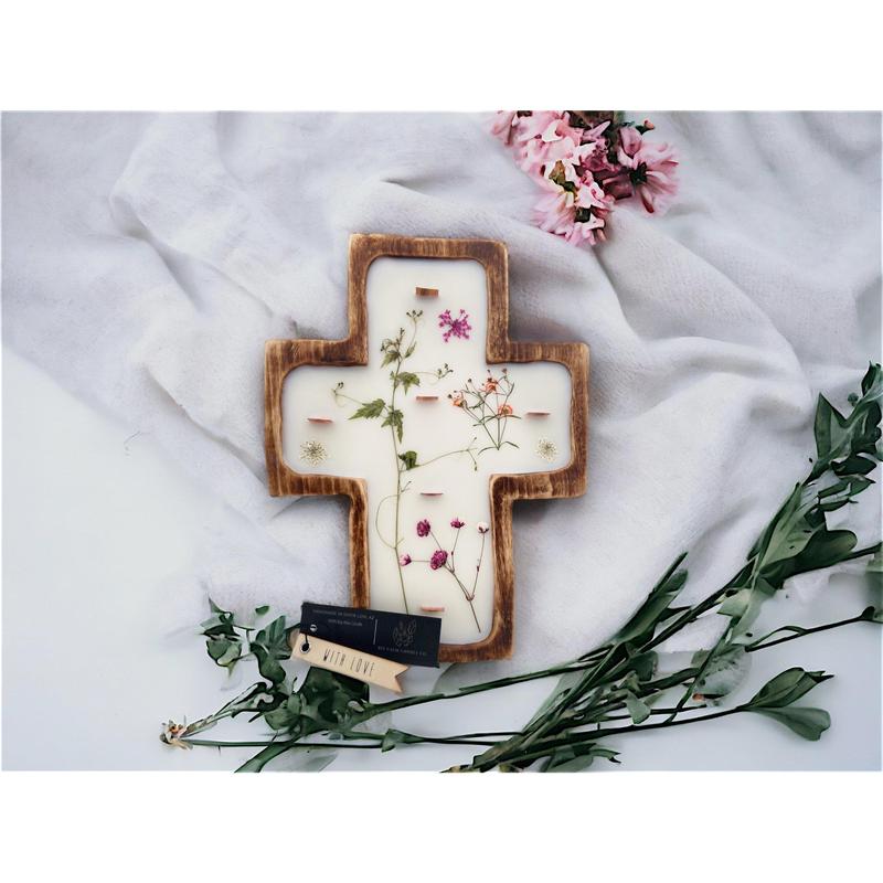 Cross Candle | Organic Soy Wax Dough Bowl Candle with Crackling Wood Wick, Modern Farmhouse Décor