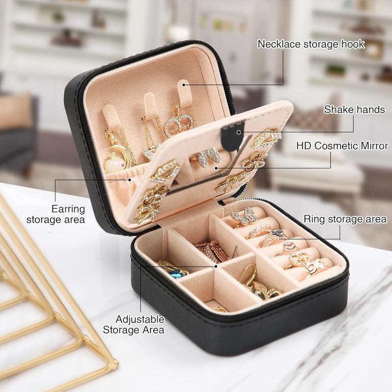 Small Travel Jewelry Box With Mirror, Portable Jewelry organizer Display Storage Box for Earrings Rings Necklaces, Jewelry ase for female  (Black) 1 count