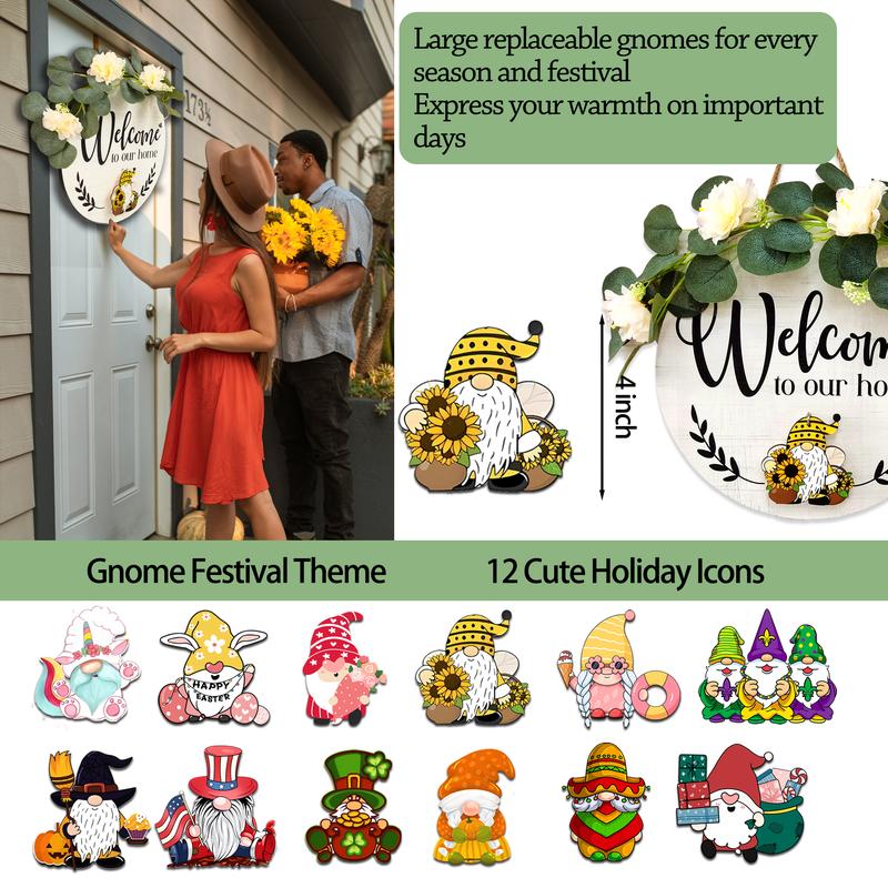 14 inch Interchangeable Welcome Home Sign for Front Door with 12 Gnome Icons,Seasonal Welcome Home Wood Wreaths Front Porch Decorations 14inch Housewarming Gift