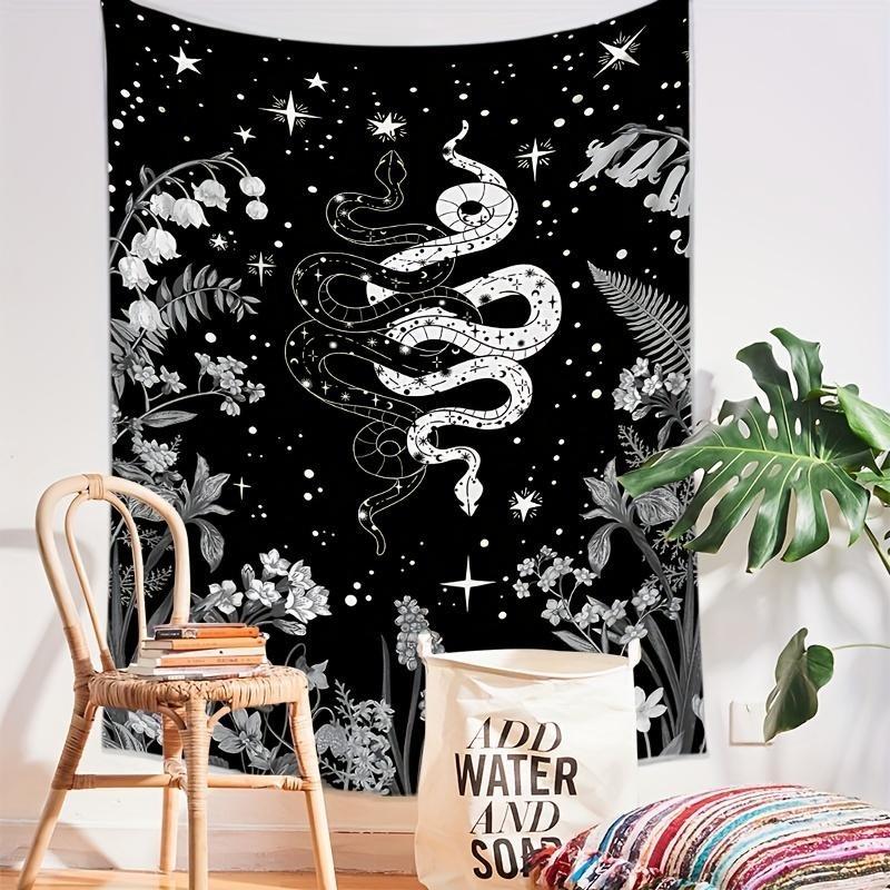 Vibrant Black and White Snake Flower Printed Tapestry - Unique Wall Hanging for Living Room, Bedroom, Dorm Room Decor - Adds Bohemian Chic Touch to