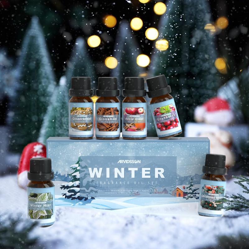 Winter Essential Oils Set, ARVIDSSON Holiday Fragrance Oil for Diffuser, Cinnamon, Christmas Wreath,  Cider, Gingerbread, Cranberry, Winter Mint Scented Oils for Home