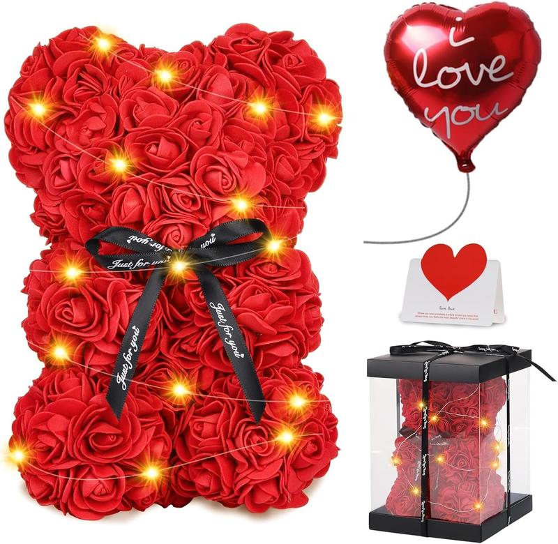 Rose Bear Christmas Flower Gifts for Her, Rose Teddy Bear with Lights, Cute Teddy Flower Bear, Birthday Gifts for Girl, Cute Romantic Gifts for Wife Girlfriend with Transparent Gift Box and Love Card