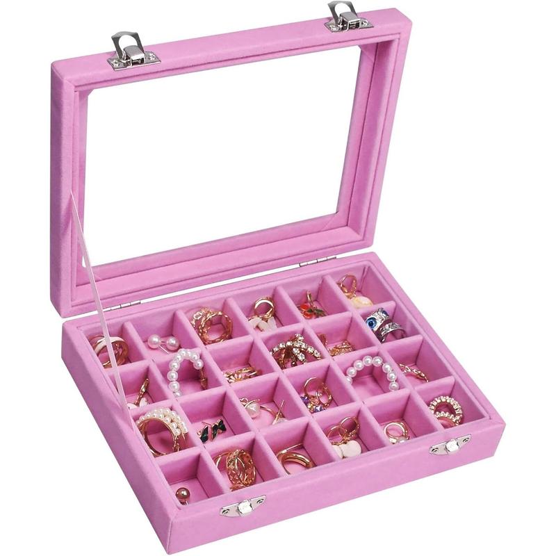 Velvet Jewelry Box 24 Grid Jewelry Ring Display Organiser Box Tray Holder Earrings Storage Case for Wife Mom Women (Pink)