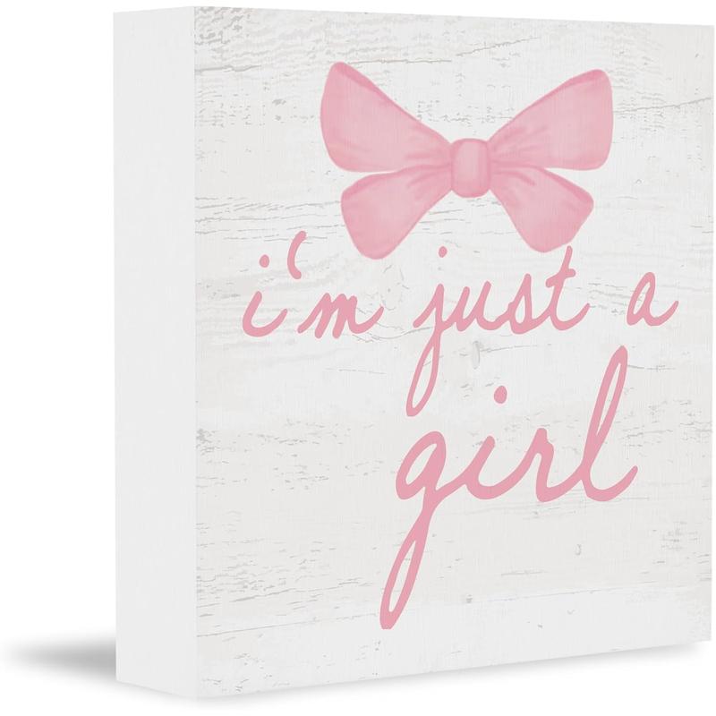 CUANFDDSF Trendy Pink Bow Coquette Room Decor Wooden Box Sign, Coquette Party Decor, Girls Room Decor, i\u2019m Just a Girl Girly Bowknot Signs for Home Dorm Wall Desk Shelf Tabletop Decoration