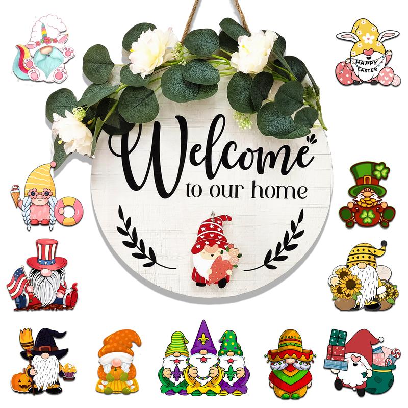 14 inch Interchangeable Welcome Home Sign for Front Door with 12 Gnome Icons,Seasonal Welcome Home Wood Wreaths Front Porch Decorations 14inch Housewarming Gift