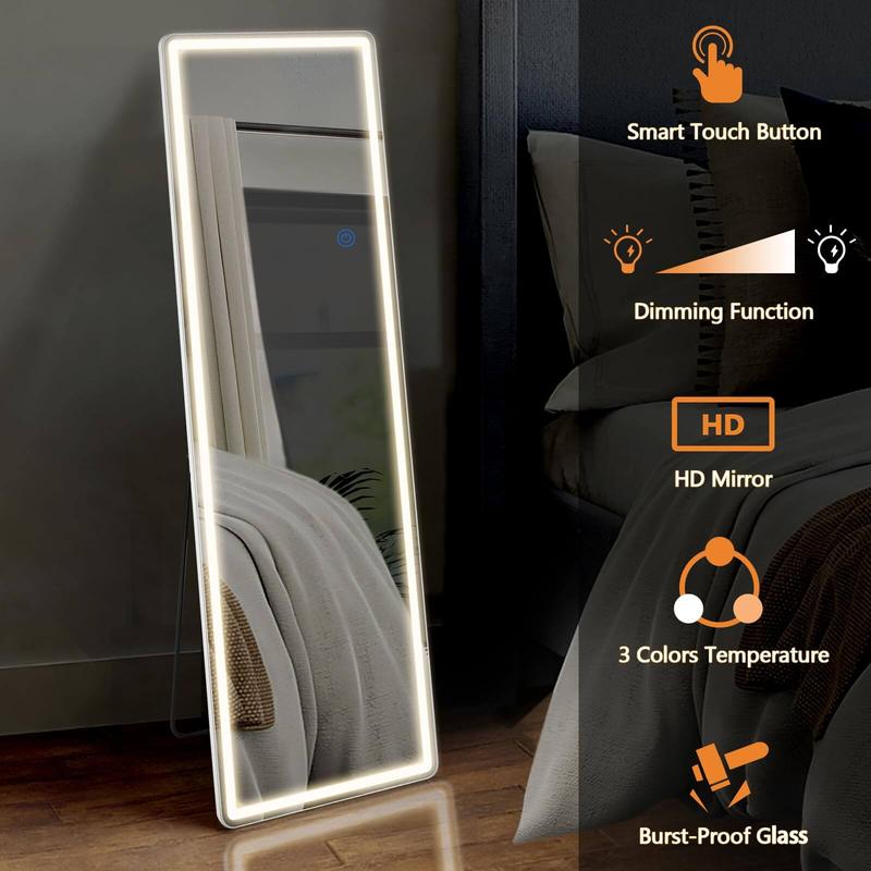 3-color LED floor standing full-length mirror, wall mounted floor standing mirror, bedroom and changing room dimming, and tri color lighting