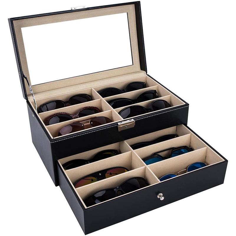 AUTOARK Leather 12 Piece Eyeglasses Storage and Sunglass Glasses Display Drawer Lockable Case Organizer,Black,Aw-023 AUTOARK