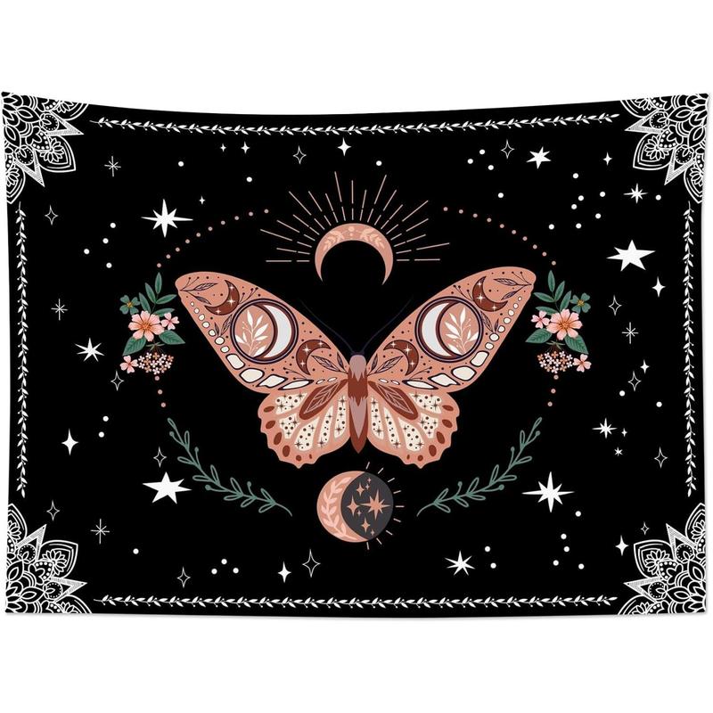 Pink Butterfly Wall Tapestry Black and White Mandala Tapestry Wall Hanging Green Leaf Plant and Floral with Stars Moon on Galaxy Space Tapestry for Bedroom Living Room Dorm