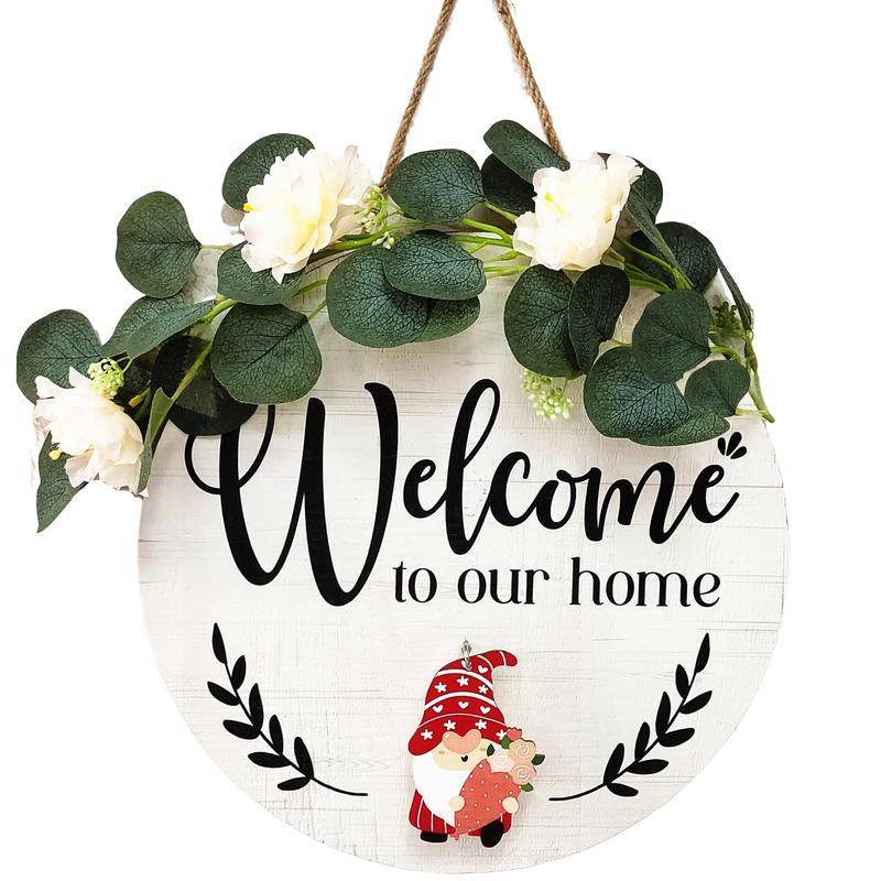 14 inch Interchangeable Welcome Home Sign for Front Door with 12 Gnome Icons,Seasonal Welcome Home Wood Wreaths Front Porch Decorations 14inch Housewarming Gift