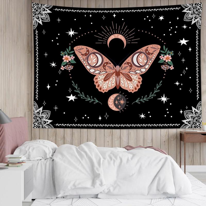 Pink Butterfly Wall Tapestry Black and White Mandala Tapestry Wall Hanging Green Leaf Plant and Floral with Stars Moon on Galaxy Space Tapestry for Bedroom Living Room Dorm