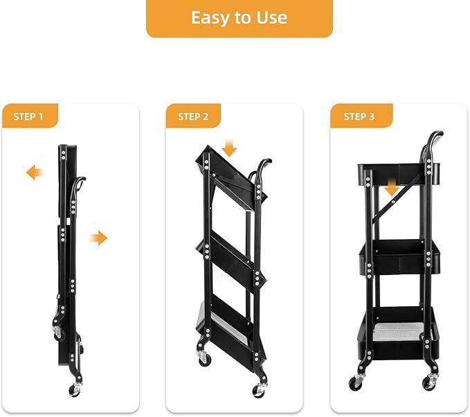 3 Tier Foldable Rolling Cart with Wheels, Folding Utility Cart Organizer, Collapsible Rolling Storage Cart with 3 Hanging Cups & 6 Hooks for Kitchen, Office, Nursery(Black)