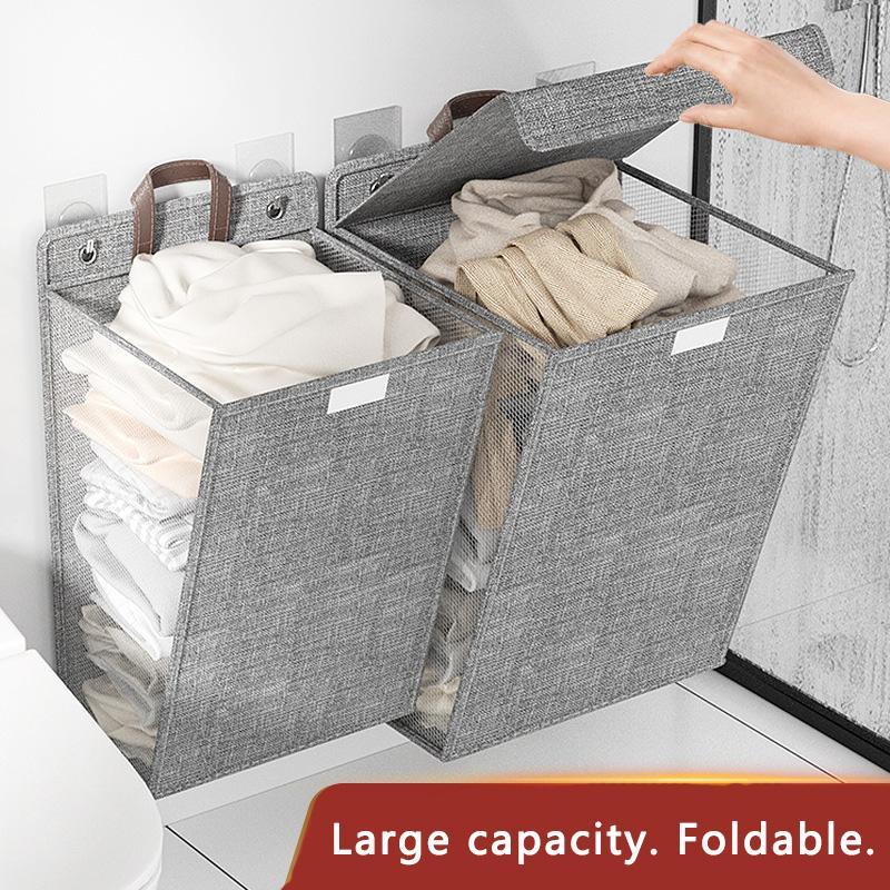 Foldable Laundry Basket, 1 Count Clothes Storage Basket with Handle & Lid, Wall Hanging Dirty Clothes Basket, Home Organizer for Bedroom, Living Room, Bathroom